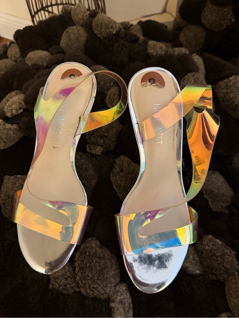 Nine West Iridescent Holographic Strap Sandals - Silver with Multicolor Shine